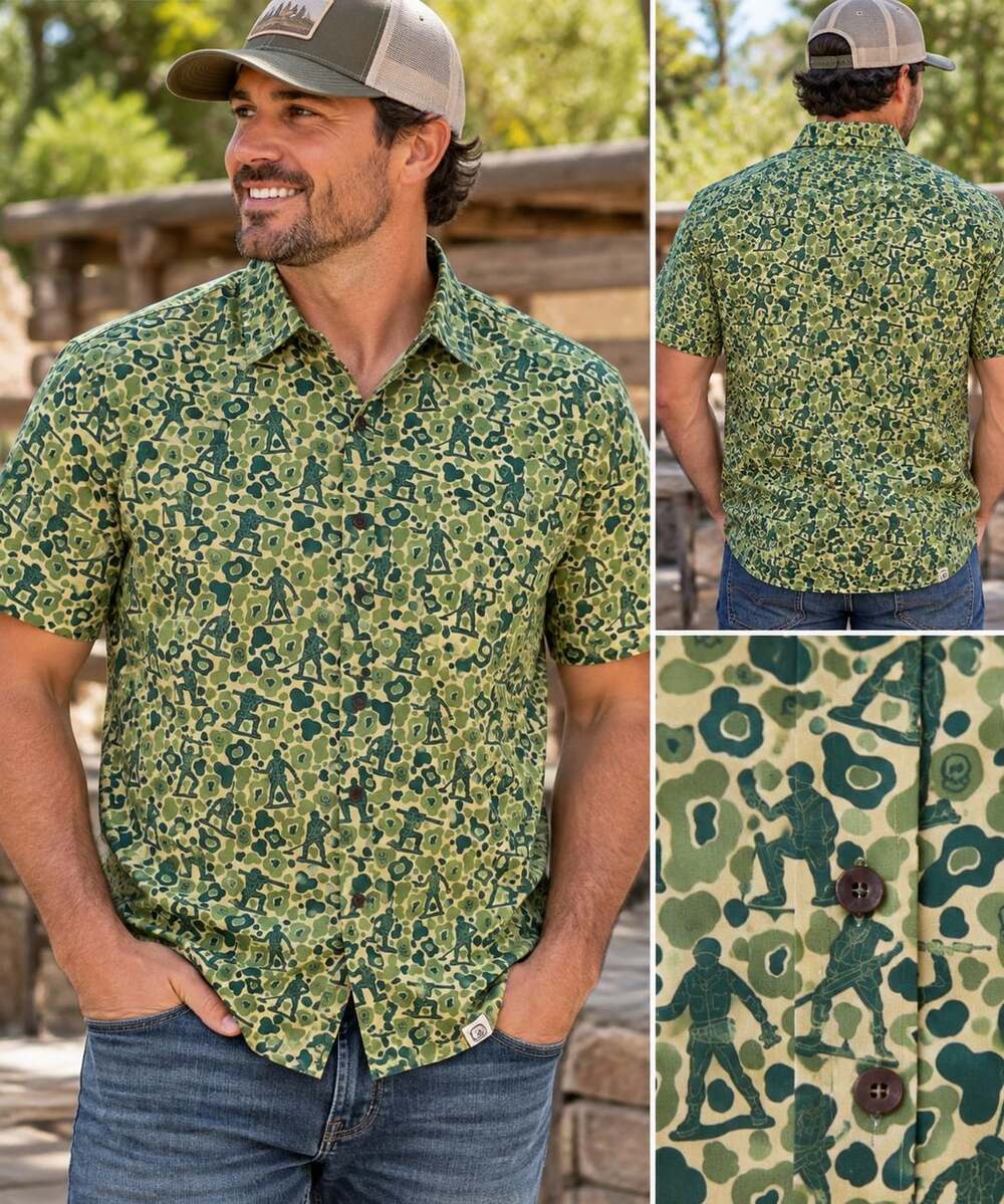 Zero Foxtrot Aloha Surf Shirt Size Large Green Camo Army Men Pattern